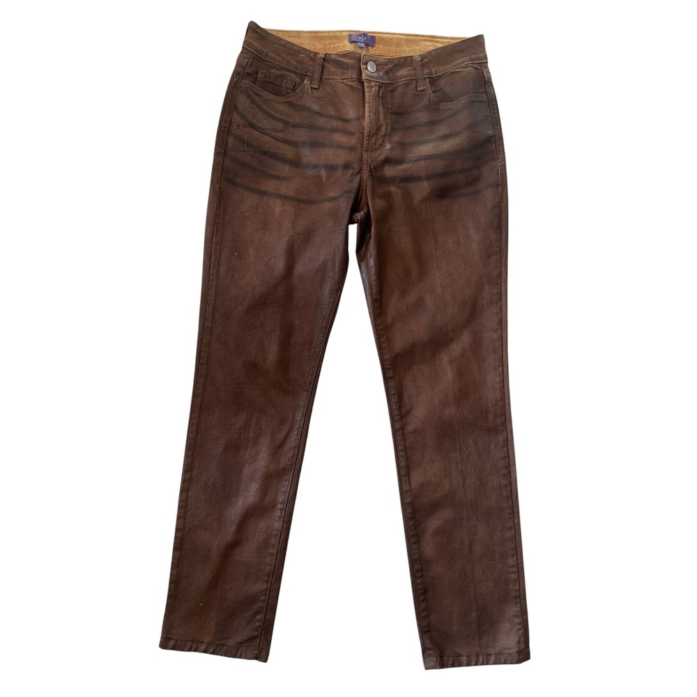 NYDJ Skinny Jeans Womens 10P Brown Coated Waxed Leather Look Petite Stretch